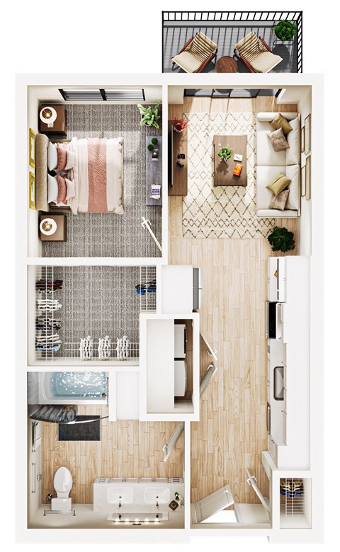 Floor plan for 1 bed, 1 bath, 558 sqft